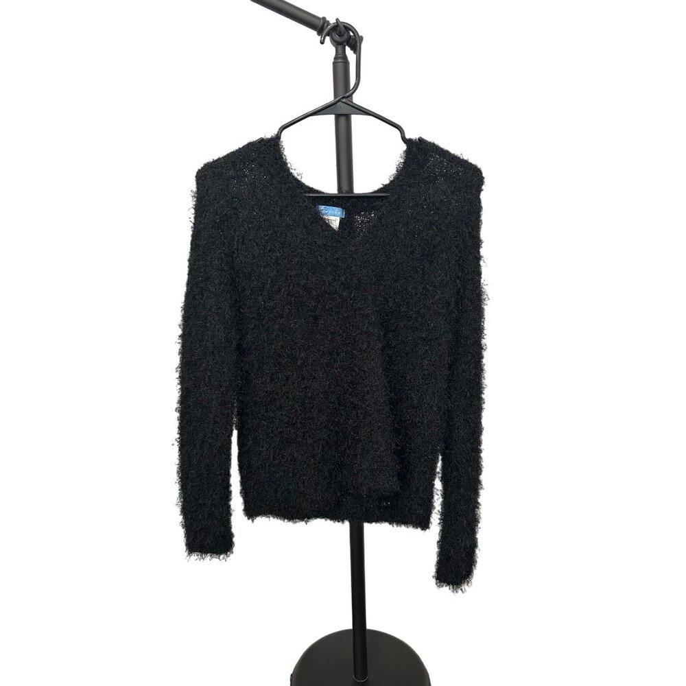 Fraiche Black Fuzzy Knit Long Sleeve Scoop Neck Sweater Size S
